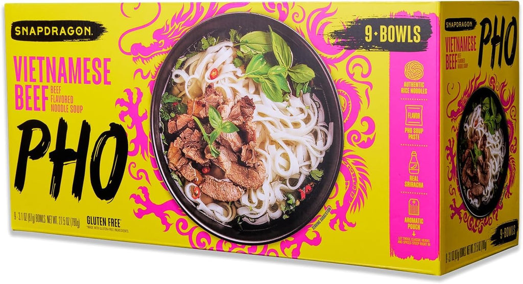 Vietnamese Pho Beef Noodle Soup Snapdragon 9 Bowls Pack, Ready in 3 Minutes, Gluten-Free, with Chili Oil