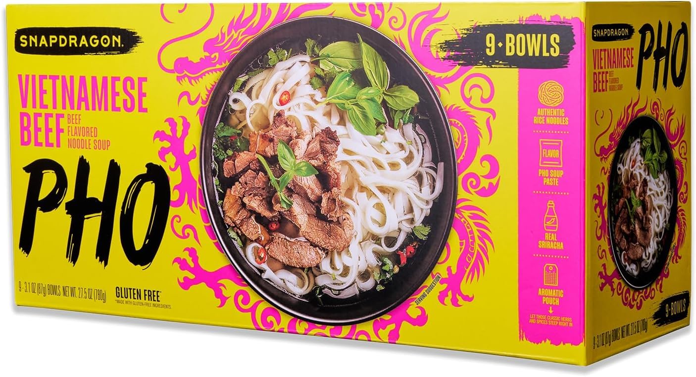 Vietnamese Pho Beef Noodle Soup Snapdragon 9 Bowls Pack, Ready in 3 Minutes, Gluten-Free, with Chili Oil