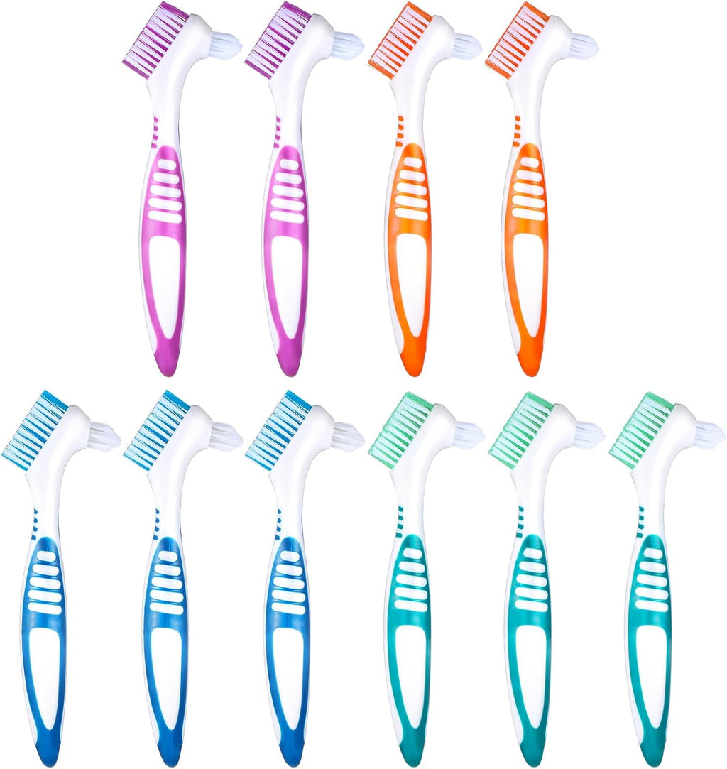 WLLHYF 10 Pcs Denture Brush for False Teeth Denture Care Cleaning Brush Double Sided Toothbrush Portable Soft Multi-Layered Bristles Cleaner Brushes Ergonomic Rubber Handle