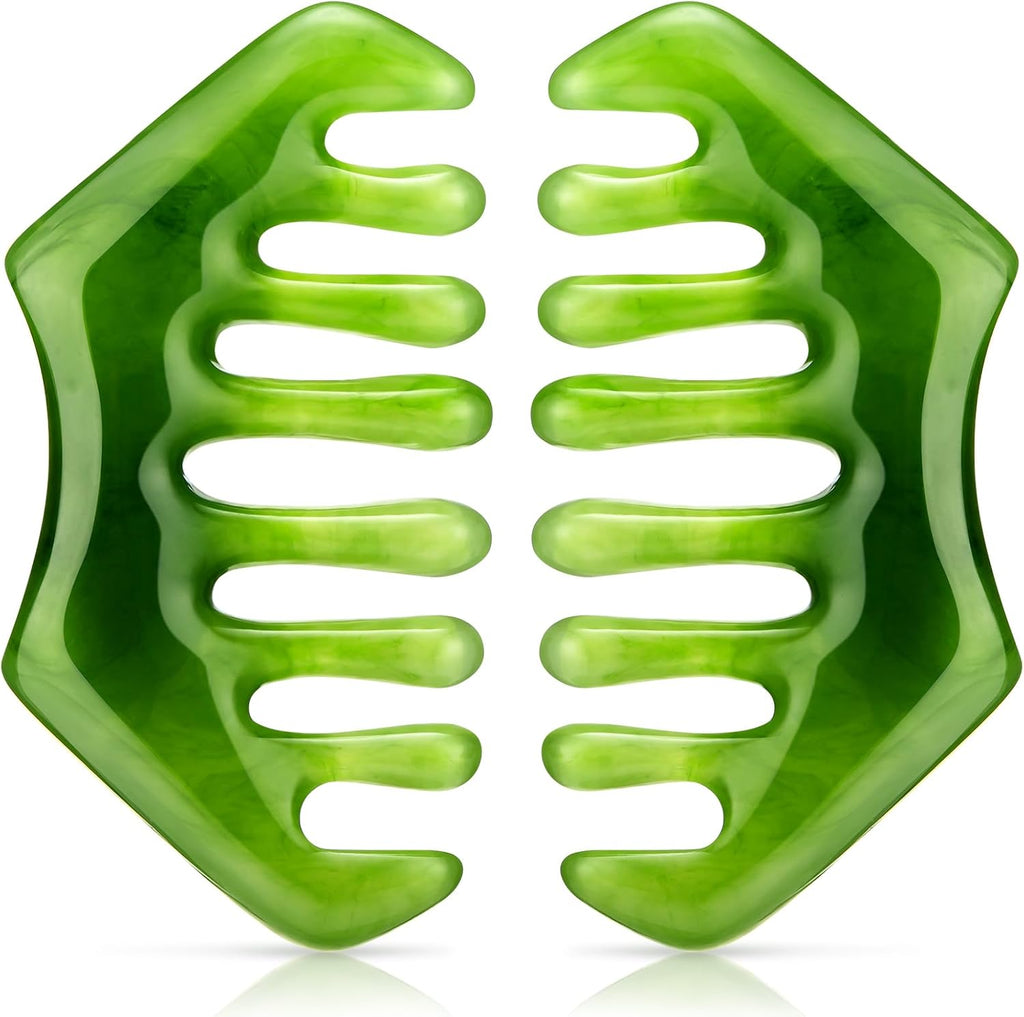 Geiserailie 2 Pcs Jade Combs Esthetician Supplies Massage Stone Hair Gua Sha Scraping Scalp Comb Facial Massage Tool Handheld Head Tools Head Caring Therapy Mother's Day for Women(Dark Green Style)