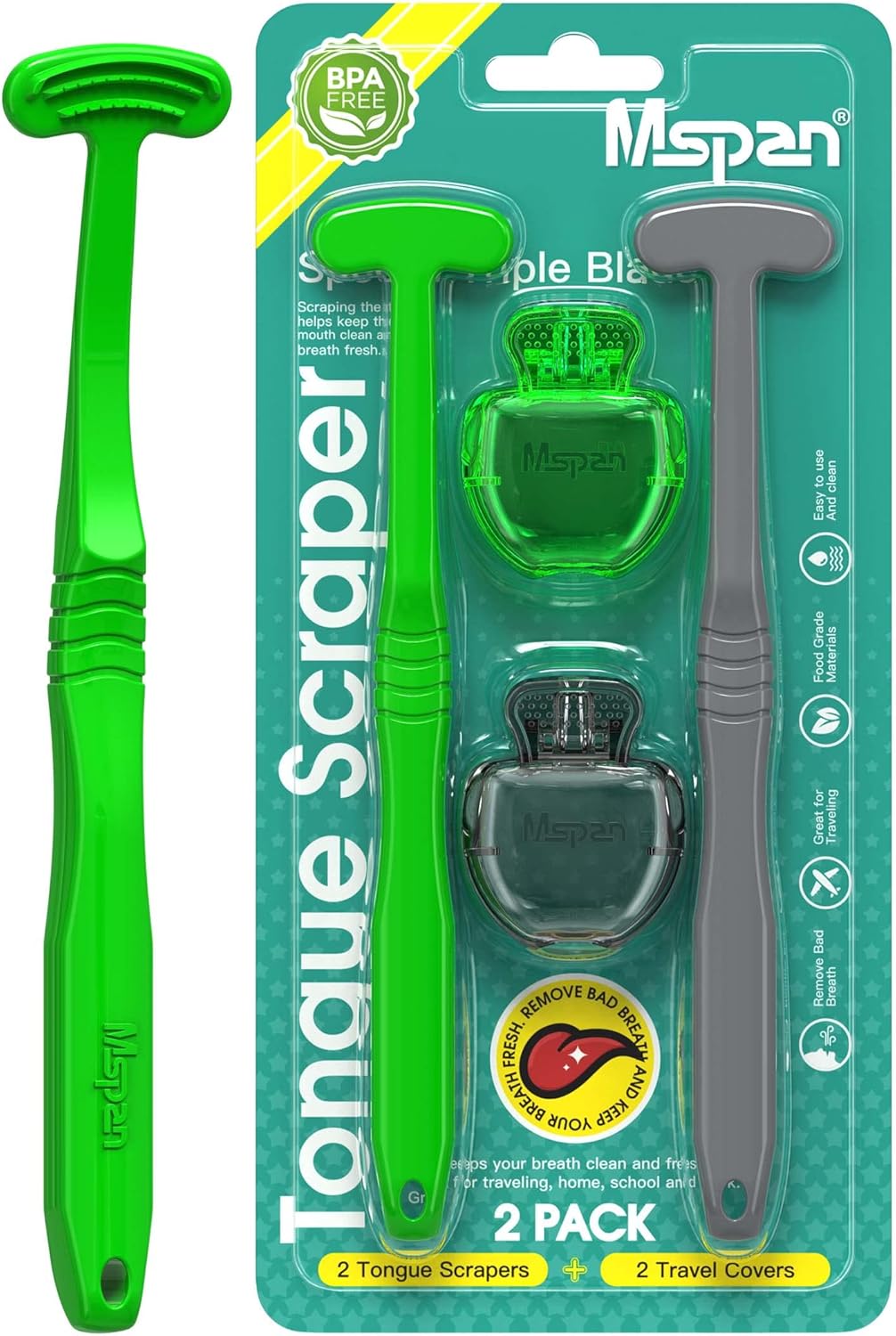 Mspan Tongue Scraper for Adults & Kids: Tongue Cleaner Brush Dental Clean Care Kit with Plastic Travel Case Cover - Oral Hygiene Fresh Breath Green Grey 2 Pack