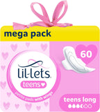 Lil-Lets Teens Long Pads with Wings - 60 Count Period Pads for Teens - Thin, Super Absorbent Sanitary Napkins, Soft & Breathable, Fragrance-Free - First Periods, Medium to Heavy Days
