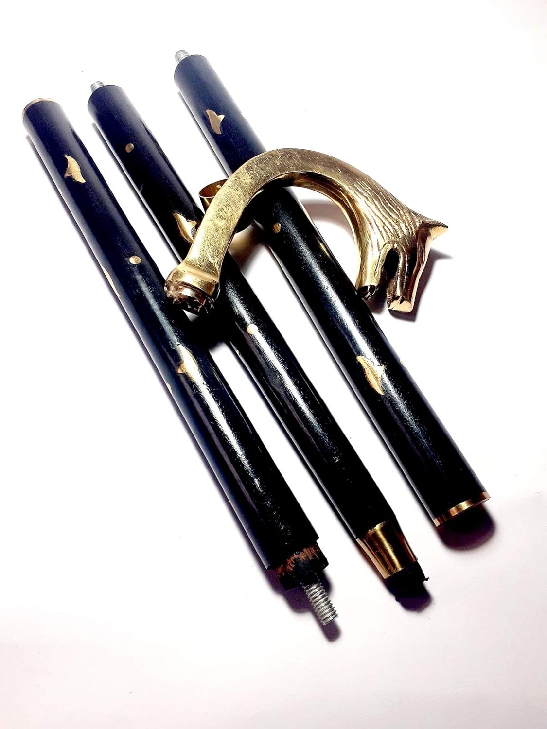 Wolf Head Brass Handle Walking Stick Design Vintage Walking Stick in Chrome Finish Black & Golden