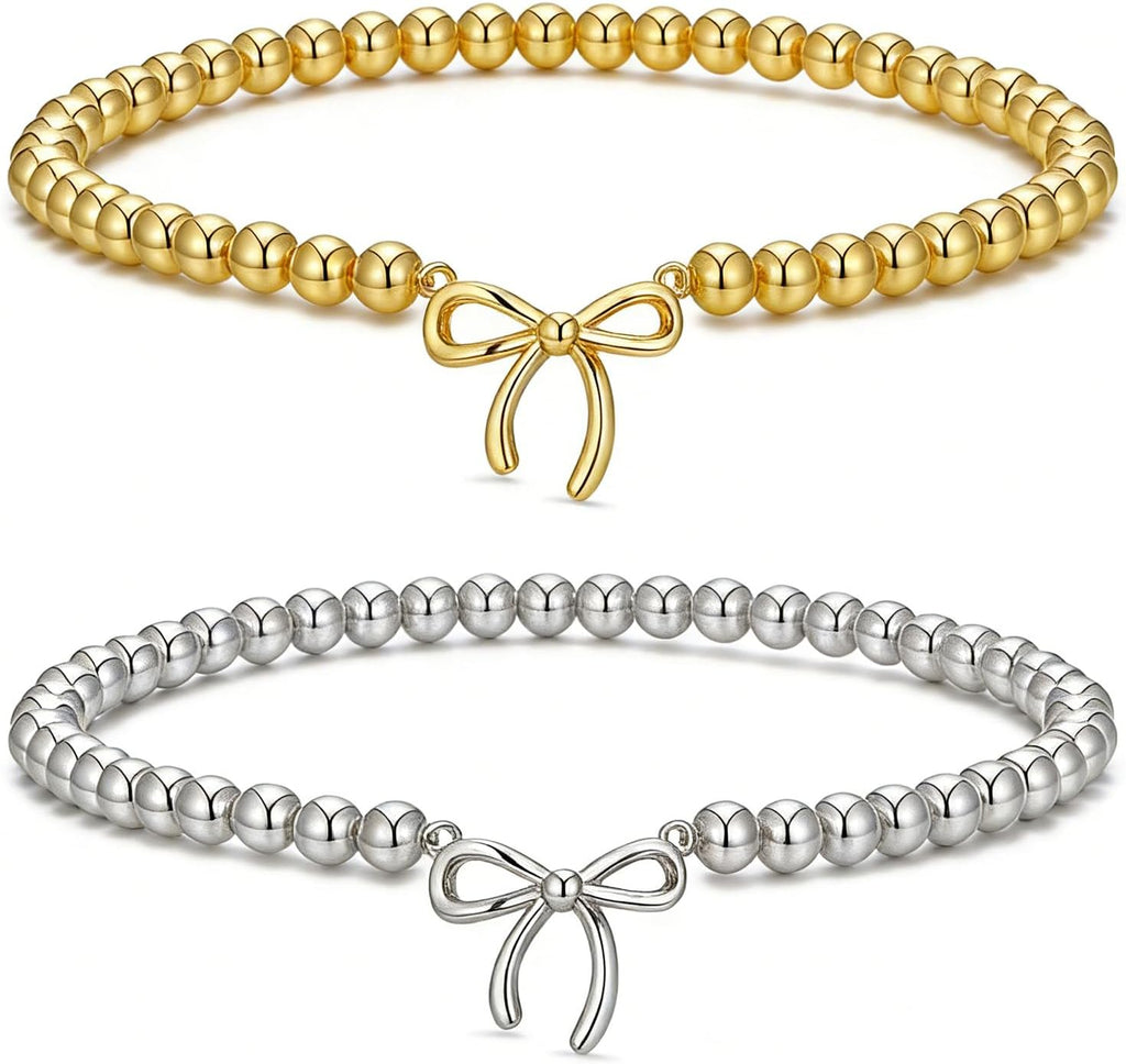 2PCS Dainty Beaded Bracelet Set for Women - Waterproof Silver Gold Bow Charm Stretch Ball Handmade Stackable Bracelets, Trendy Adjustable Jewelry Birthday Gifts for Her