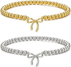 2PCS Dainty Beaded Bracelet Set for Women - Waterproof Silver Gold Bow Charm Stretch Ball Handmade Stackable Bracelets, Trendy Adjustable Jewelry Birthday Gifts for Her