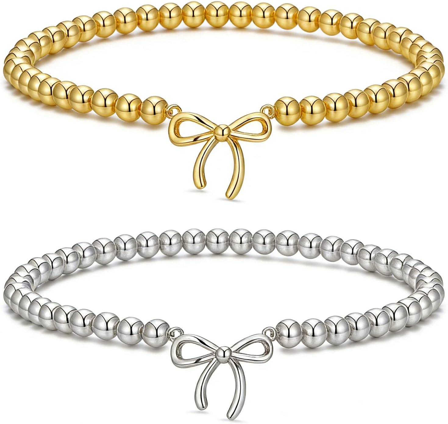 2PCS Dainty Beaded Bracelet Set for Women - Waterproof Silver Gold Bow Charm Stretch Ball Handmade Stackable Bracelets, Trendy Adjustable Jewelry Birthday Gifts for Her