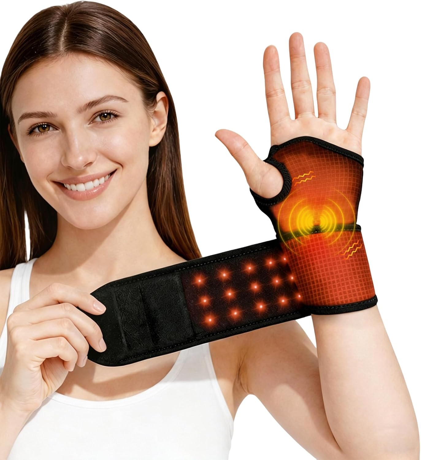 Red Light Therapy for Wrist, Carpal Tunnel Support Device with Heat Vibration, Wrist Massager with 36 LED 660nm/850nm, Cordless Heating Pad Wrap, 3000mAh Rechargeable for Hand Comfort Daily Relaxation