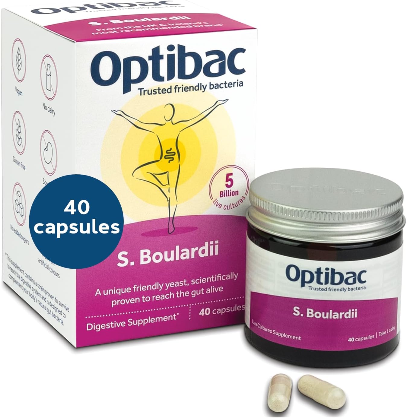 Optibac Probiotics Saccharomyces Boulardii - Vegan Scientifically Proven Digestive Probiotic Supplement, 5 Billion CFU - 40 Capsules