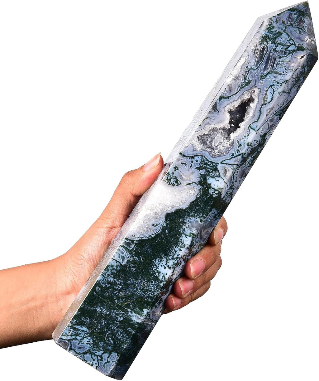 AMOYSTONE Extra Large Healing Crystal Obelisk Towers Moss Agate Point Wand Home Decor Reiki Healing 2.2-2.6LBS