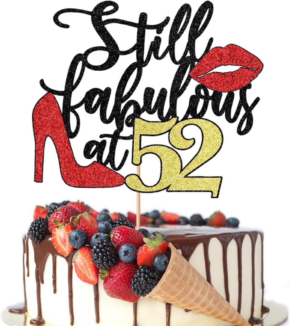 Still Fabulous at 52 Cake Topper,Happy 52nd Birthday Queen High heels Big Red lips Cake Topper,Women 52nd Birthday Party Cake Decorations