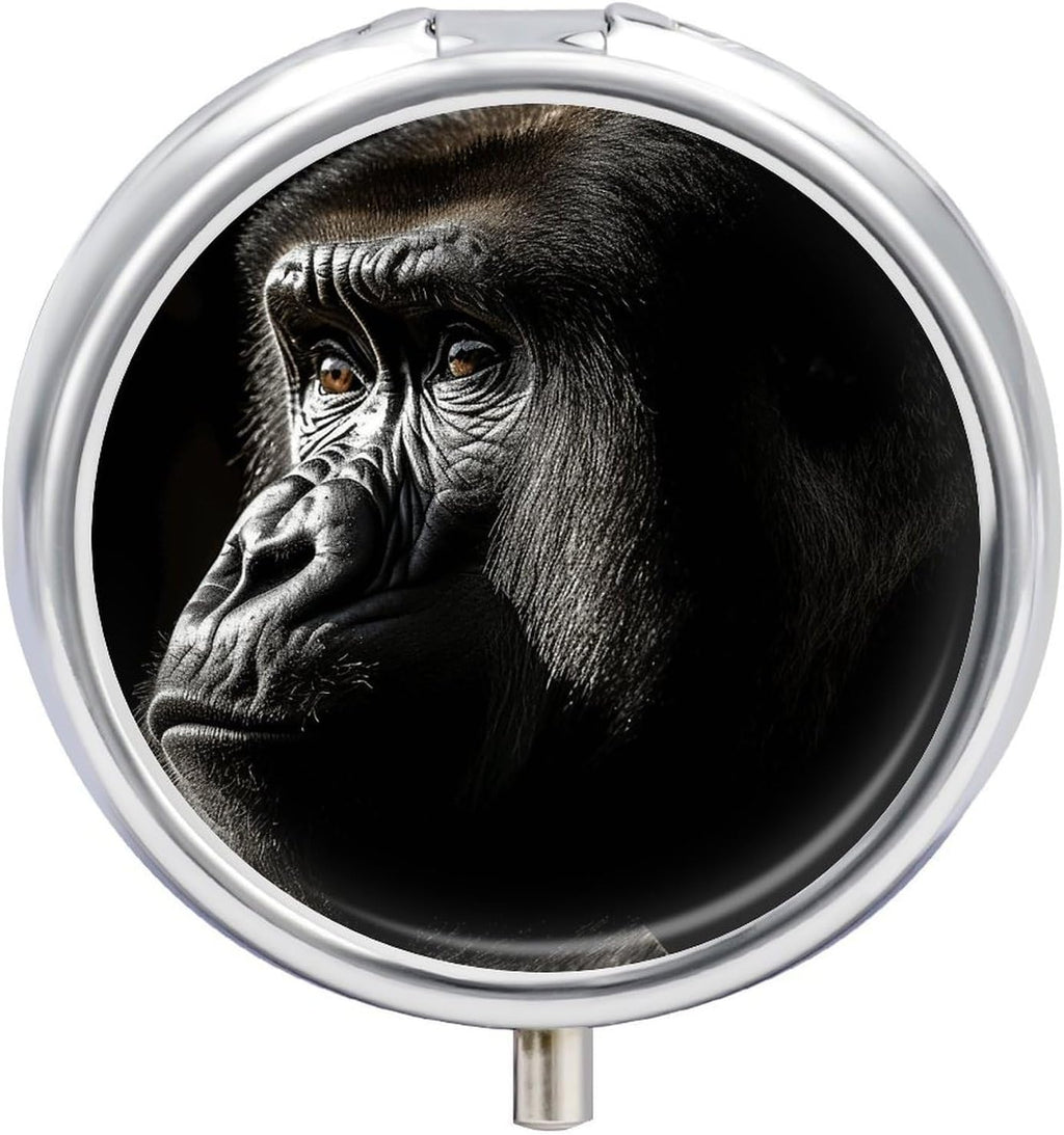 an Adult Gorilla Pill Box with 3 Compartments and Mirror Portable Pocket Pill Case Metal Travel Medicine Organizer Purse Medicine Holder for Vitamin Supplement Fish Oil