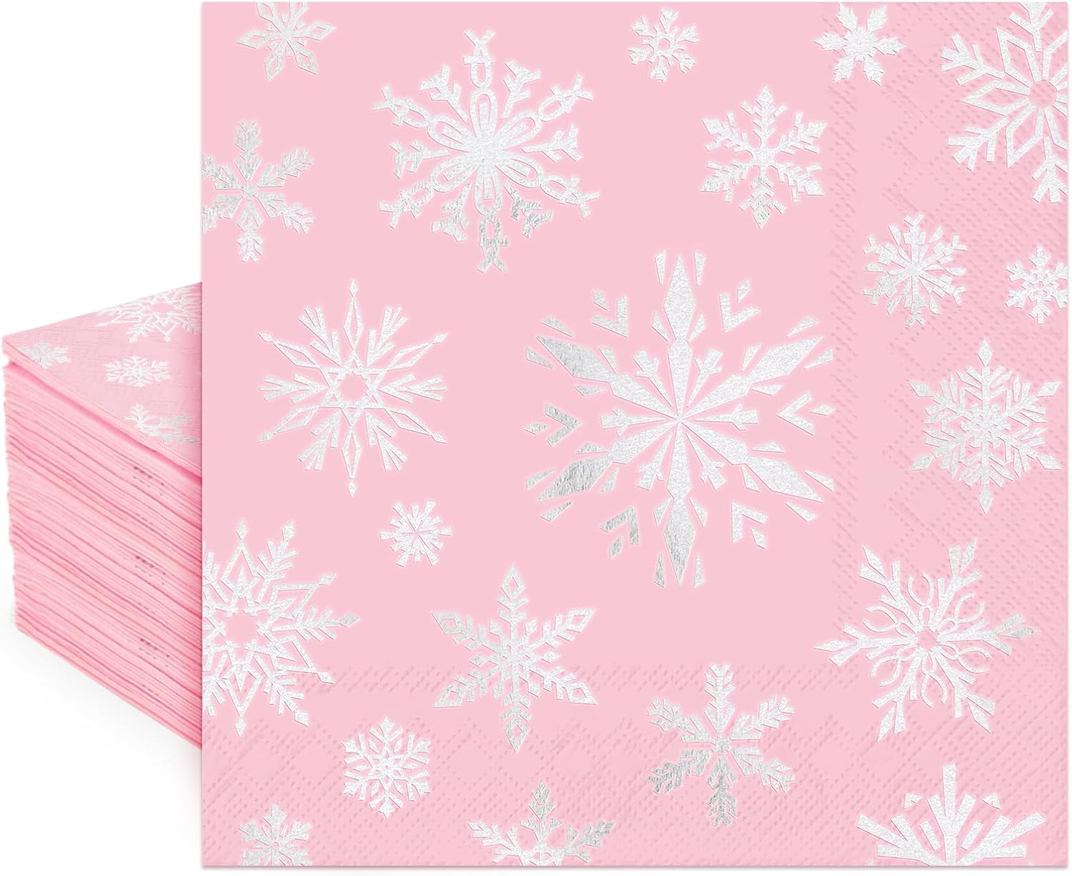 FYSUIMU 80 Pcs Winter Paper Napkins Christmas Foil Silver Pink Snowflake Disposable Luncheon Napkins Xmas Dinner Napkin for Winter Birthday Baby Shower Party Table Supplies