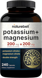 NatureBell Potassium Magnesium - 240 Capsules - 200mg Potassium Citrate & 200mg Magnesium Citrate - High Absorption Electrolyte & Circulation Support* - Muscle & Heart Support*