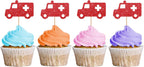 24PCS Ambulance Cupcake Toppers, Nurse Graduation Cupcake Toppers, Medical Rn Themed Dessert Picks, Nurse Birthday/Nursing Party Decoration - Red Glitter