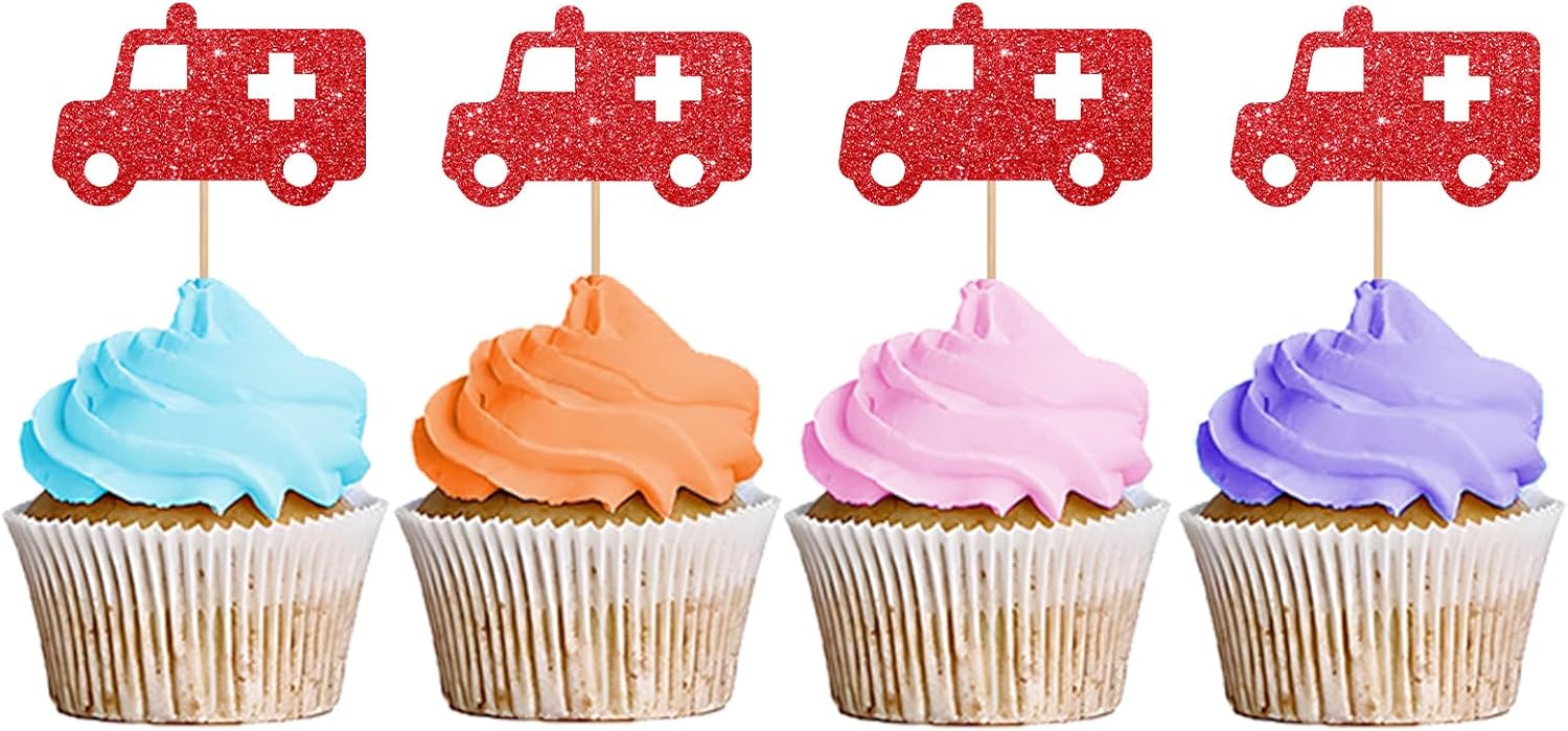 24PCS Ambulance Cupcake Toppers, Nurse Graduation Cupcake Toppers, Medical Rn Themed Dessert Picks, Nurse Birthday/Nursing Party Decoration - Red Glitter
