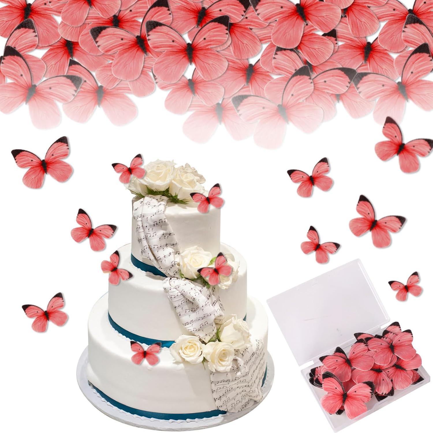 Edible Butterfly Cake Decorations - Edible Butterflies Set of 50Pcs for Cake Decorating, Edible Wafer Paper Butterflies Cupcake Toppers for Wedding Anniversary Birthday Party Decorating (Red)
