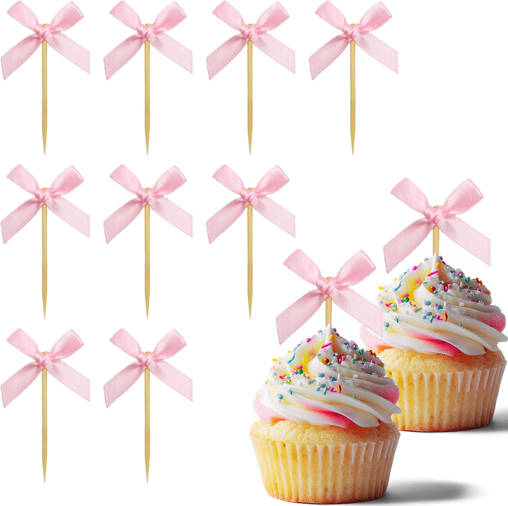 40Pcs Pink Bow Cupcake Toppers,Bow Cake Toppers for Pink Themed Birthday Party Decorations,Baby Shower and Wedding