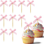 40Pcs Pink Bow Cupcake Toppers,Bow Cake Toppers for Pink Themed Birthday Party Decorations,Baby Shower and Wedding
