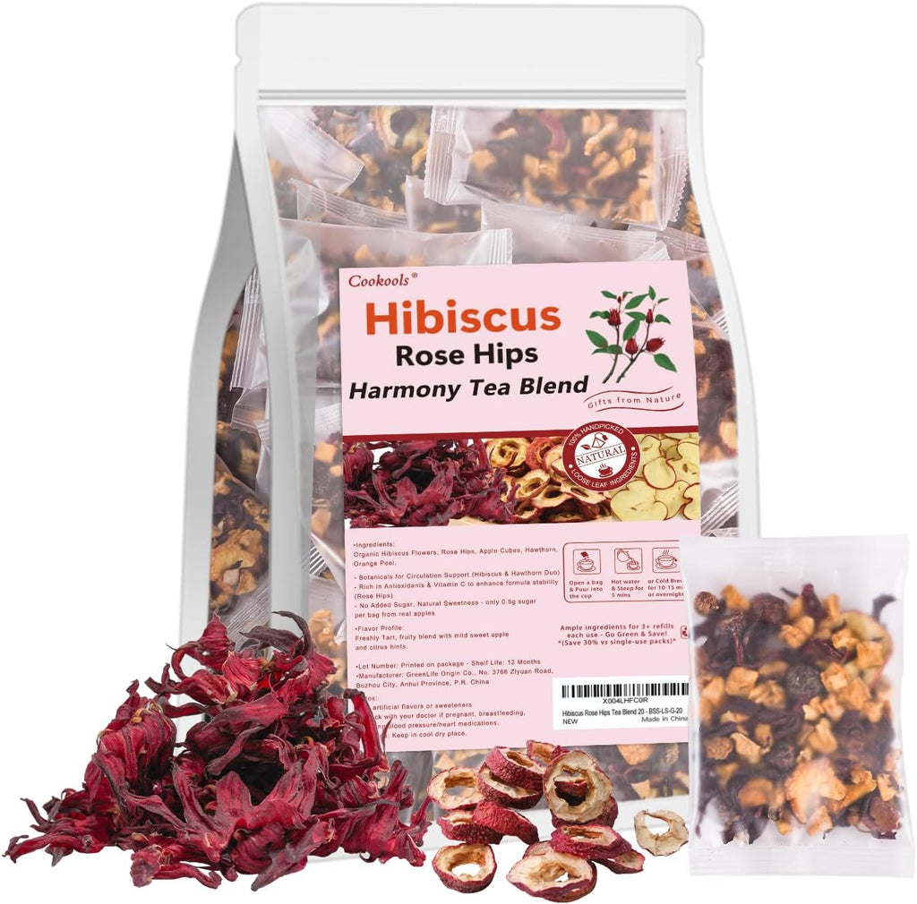 Hibiscus Rose Hips Tea for Heart Wellness - Herbal Tea Loose Leaf Teabags - Natural Detox Tea for Women & Men - Natural Ingredients Formula, Caffeine-Free 20 Count
