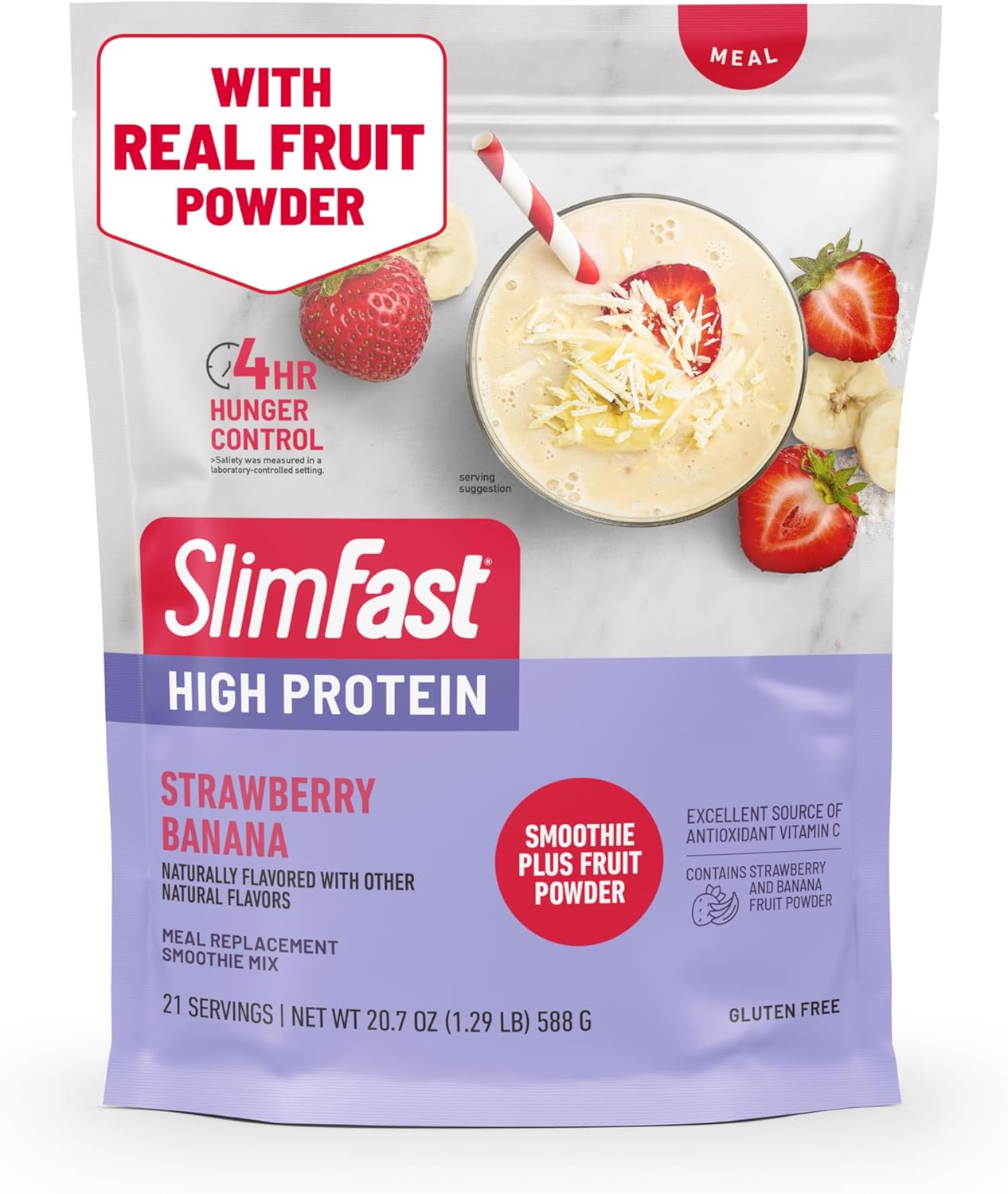 SlimFast High Protein Smoothie Mix Plus Fruit Powder, High Protein Meal Replacement Powder, Fiber, Vitamin C, 21 Servings, 1.29 Pounds, Strawberry Banana (Packaging May Vary)