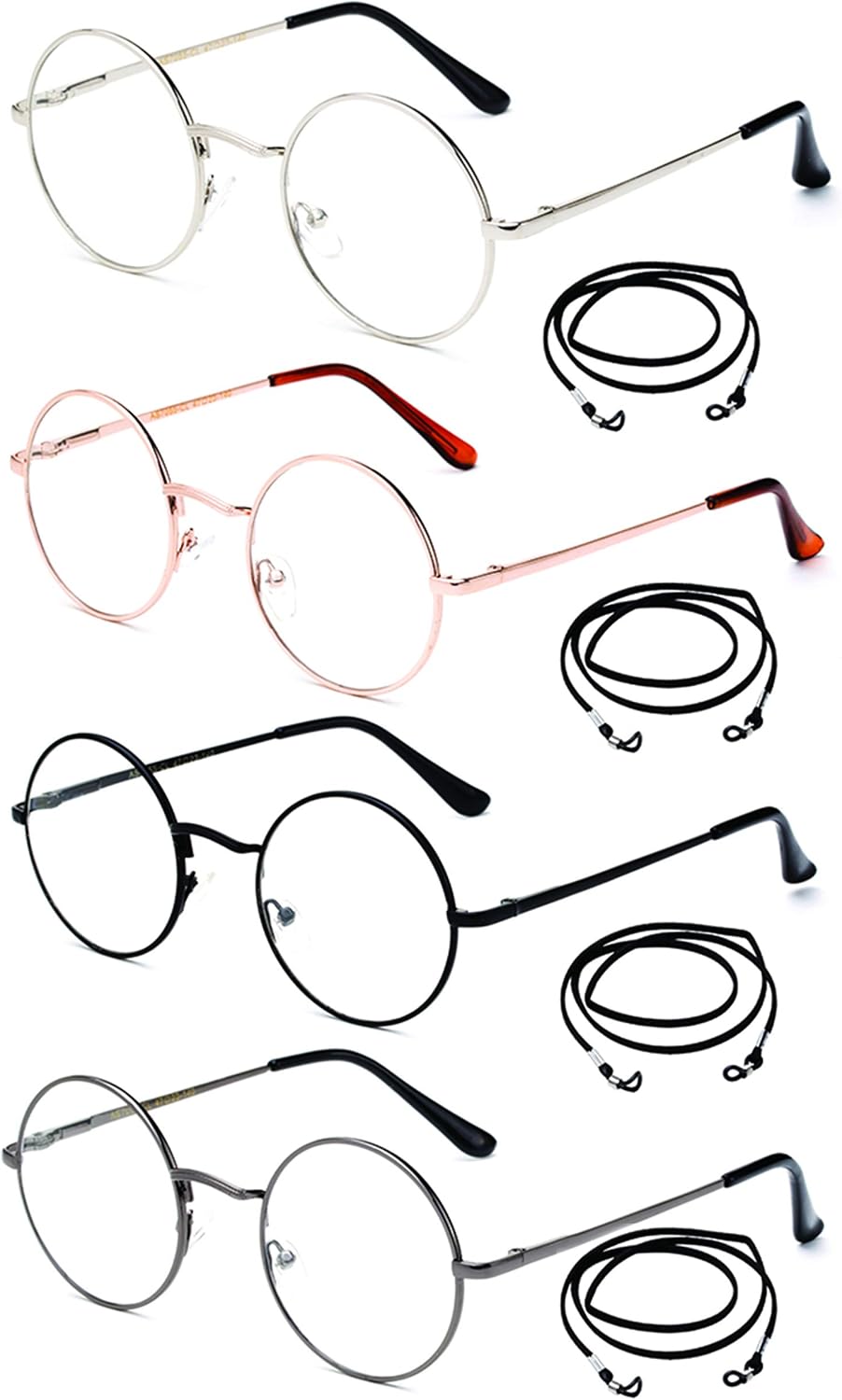 4 Packs Round Reading Glasses with Lanyards Metal Frame Slim Rim Spring Hinge Circle Frame Vintage Reading Glasses +1.50