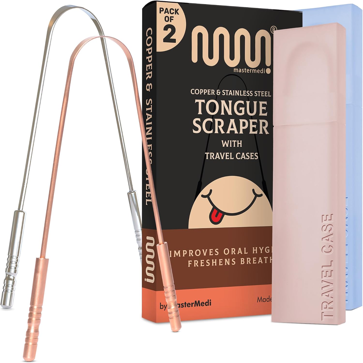 MasterMedi Tongue Scraper for Adults, 100% Stainless Steel & Copper Tongue Scrubber for Bad Breath, Easy to Use, Tongue Cleaner for Oral Care & Hygiene (Combo-2)
