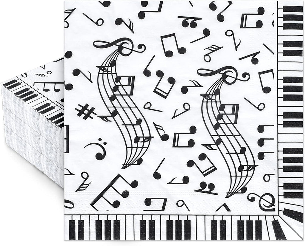 Whaline 80 Pcs Music Notes Paper Napkins 6.5 x 6.5 Inch Musical Notation Disposable Luncheon Napkin Black White Piano Keys Prints Lunch Napkin for Music Celebration Dinner Tableware Party Supplies