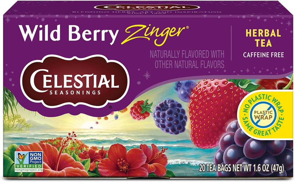 Celestial Seasonings Wild Berry Zinger Herbal Tea, Caffeine Free, 20 Tea Bags Box