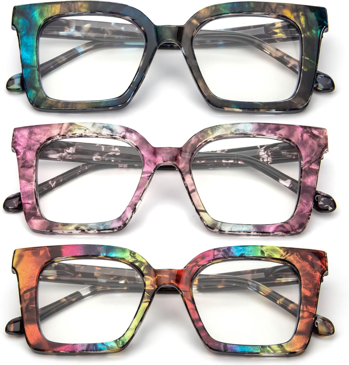 3 Pack Stylish Square Frame Reading Glasses for Women, Blue Light Blocking Comfortable Readers