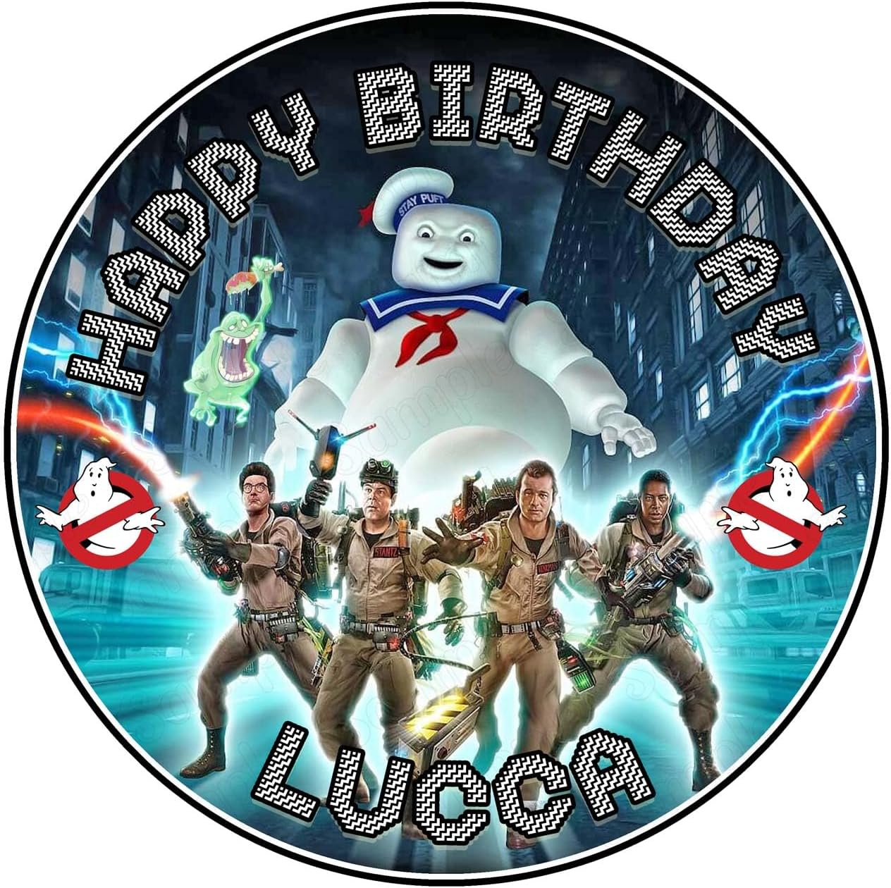 7.5 Inch Edible Cake Topper – Ghost Kid Busters Fan Retro Fun Themed Birthday Party Collection of Edible Cake Decorations round