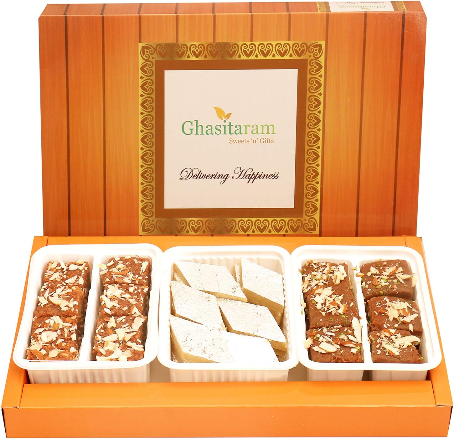 Ghasitaram Gifts Indian Sweets - Mother's Day Gifts - Assorted Box of Kaju Katli, Dodha Barfi and Chocolate Mawa Barfi