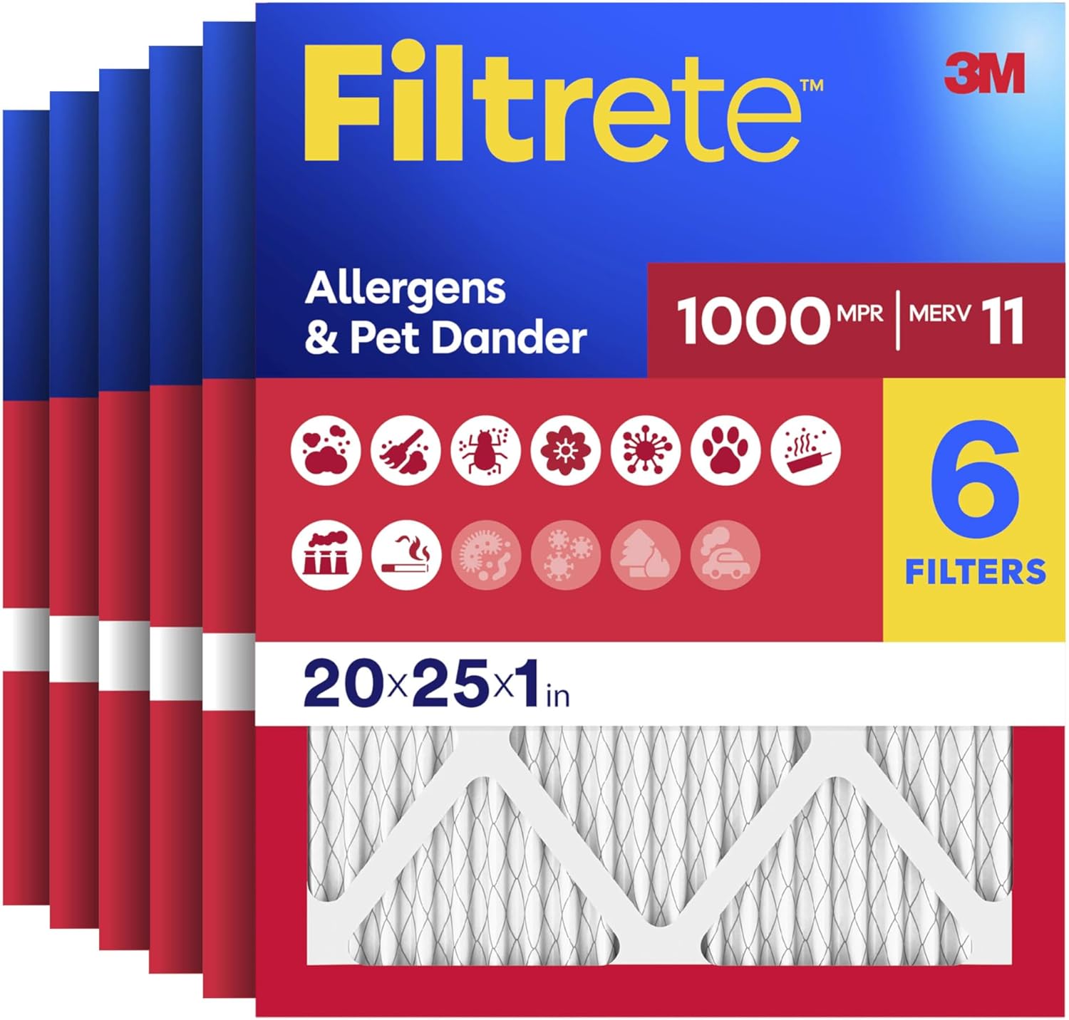 Filtrete 20x25x1 Air Filter, MERV 11, MPR 1000, Allergens & Pet Dander, 3-Month AC and Furnace Filters, Cleaner Air, Reliable Airflow, 6 HVAC Filters (Actual Size 19.68 x 24.68 x 0.81 in)