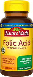 Nature Made Folic Acid 400 mcg (665 mcg DFE) Dietary Supplement for Nervous System Function, Folic Acid Supplements for Women and Men, 250 Tablets, 250 Day Supply