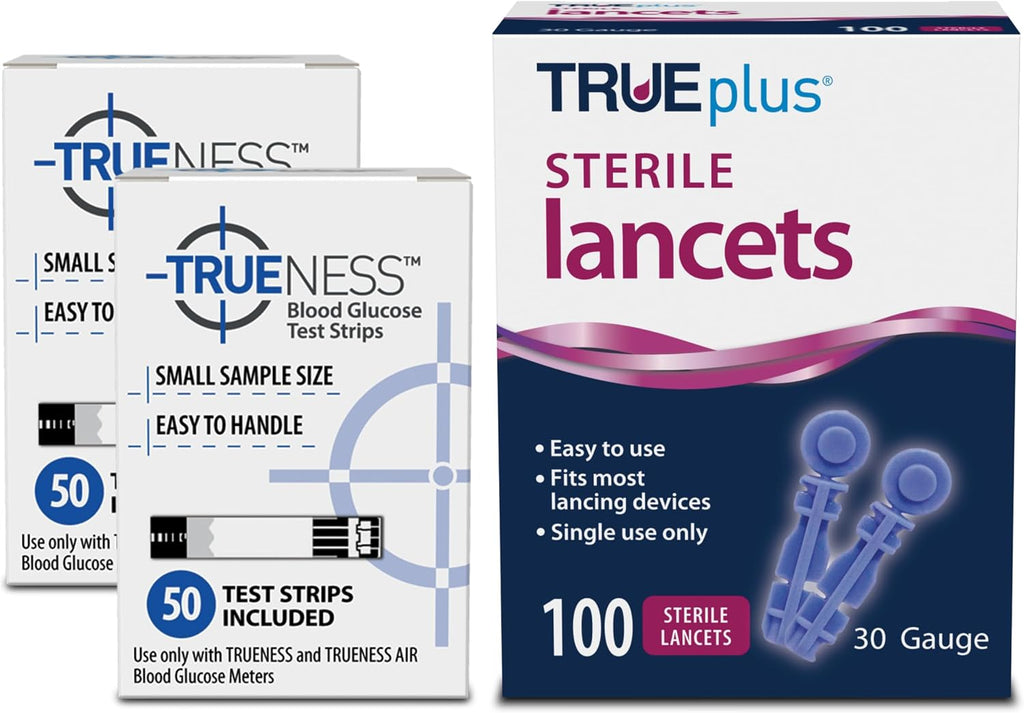 TRUENESS Blood Glucose Test Strips and Single-Use Sterile Lancets 33G, for Use with TRUENESS Family of Self-Monitoring Blood Glucose Meters, 100 Count Test Strips (2, 50-Count Boxes), 100 Lancets