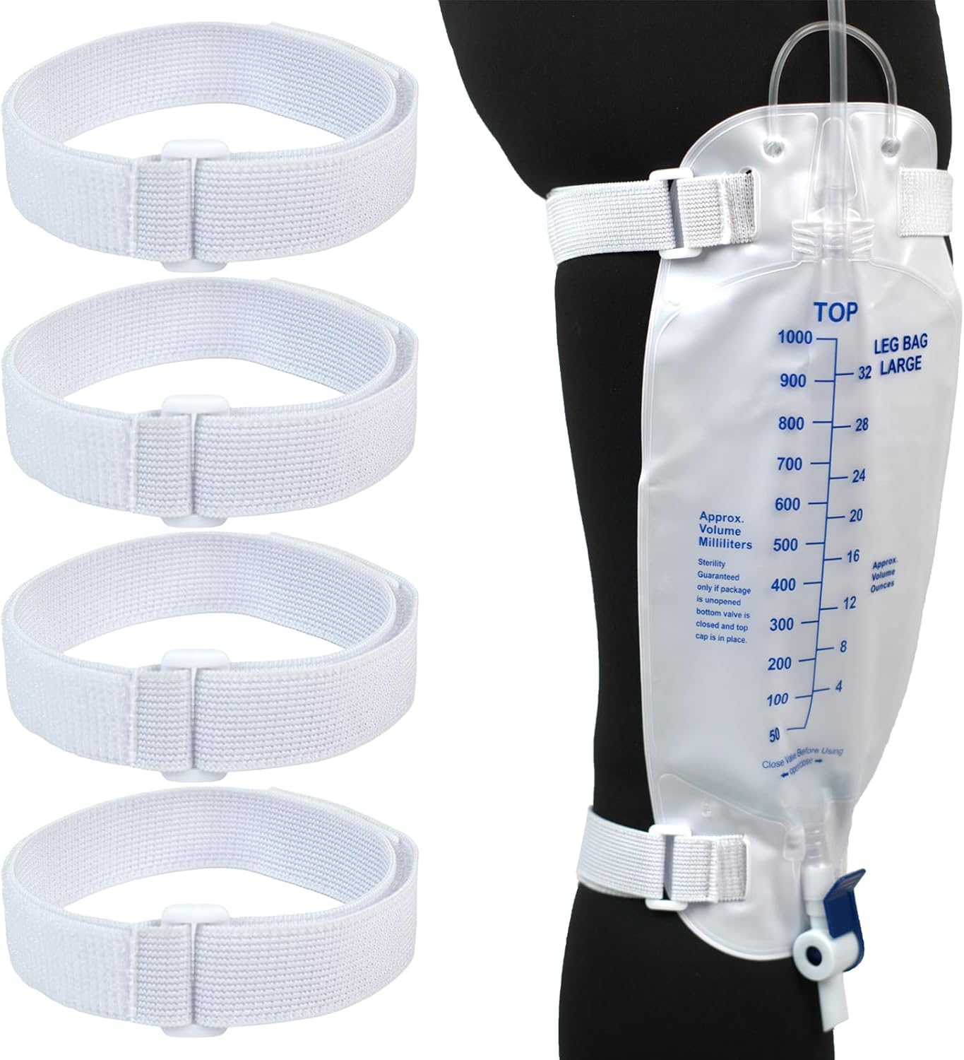 4 Packs Leg Bag Straps(White), Buckle-Type Hook and Loop Strap,Urine Drainage Bag Strap Catheter Leg Bag Straps with Soft Elastic Fabric Comfortable Silicone Grips for Men Women