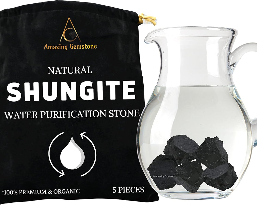 Amazing Gemstone Raw Shungite Stones Crystal Rock, Real Shungite Stones for Water Purification - 30-70mm Piedra Shungite Original (5 Pieces)