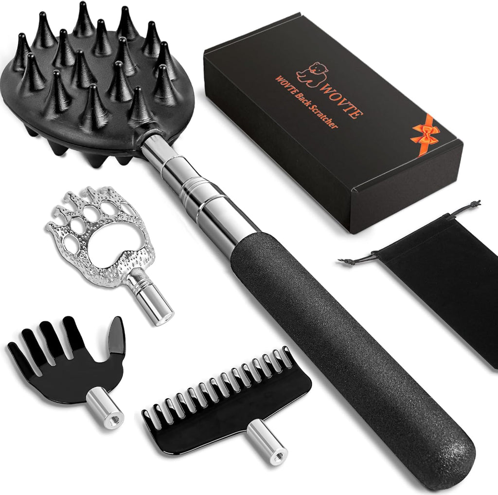 WOVTE Extendable Back Scratcher for Men Women with 4PCS Detachable Heads, Stocking Stuffers for Men Adults, Anniversary Mothers Day Fathers Day Birthday Gifts for Men Dad Mom, Easter Basket Stuffers