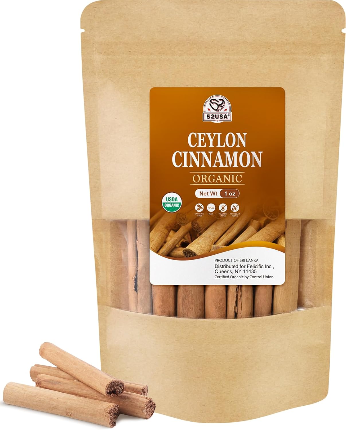 52USA Organic Ceylon Cinnamon Sticks, 1 Ounce (Pack of 1), True Cinnamon Farmed in Sri Lanka, Whole Cinnamon Sticks Bulk, Vegan, Non GMO, 28g
