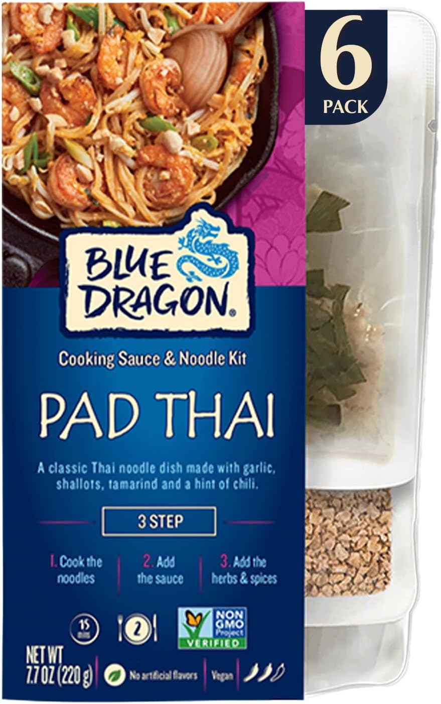 Blue Dragon Pad Thai 3 Step Cooking Sauce & Rice Noodle Kit - 7.7oz (Pack of 6) - Pre-Portioned Sachets of Dried Rice Noodles, Pad Thai Sauce, & Aromatic Herbs & Spices - Vegan, Non-GMO & Gluten-free