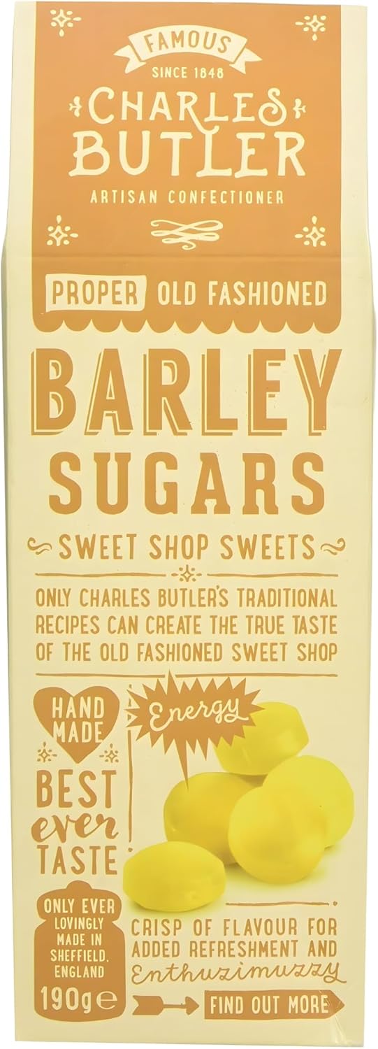 Charles Butler Barley Sugars 190g (6.7oz) | Handmade Old Fashioned Barley Sugar Candy Drops | Traditional British Hard Candy Gift Box | English Hard Boiled Sweets | Confectionery from England, UK