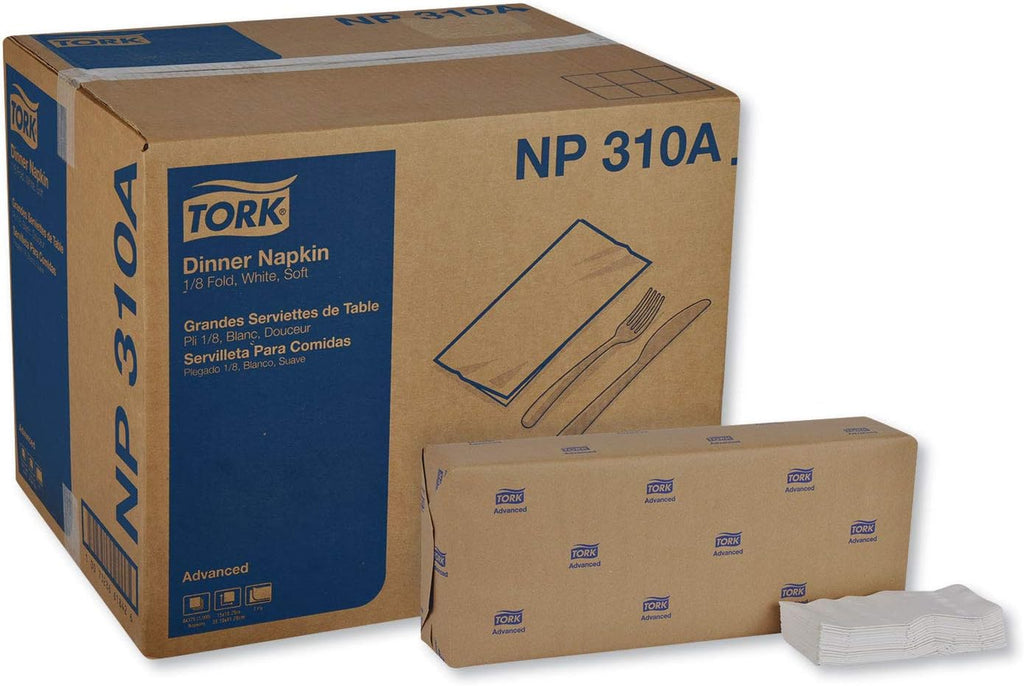 Tork White Dinner Napkin, Advanced, 1/8 Fold 2-ply, 15" x 16.25", 8 x 375 napkins, NP310A
