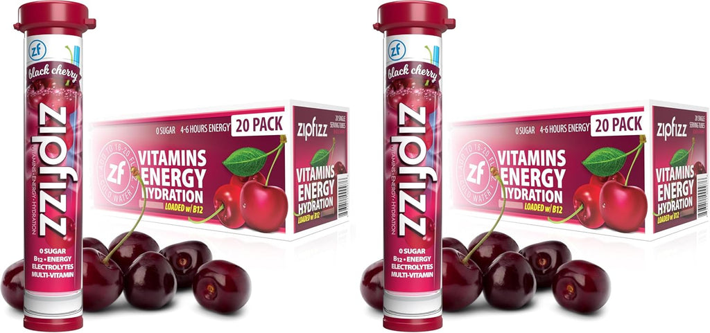 Zipfizz Energy Drink Mix, Electrolyte Hydration Powder with B12 and Multi Vitamin, Black Cherry, 20 Count (Pack of 2)