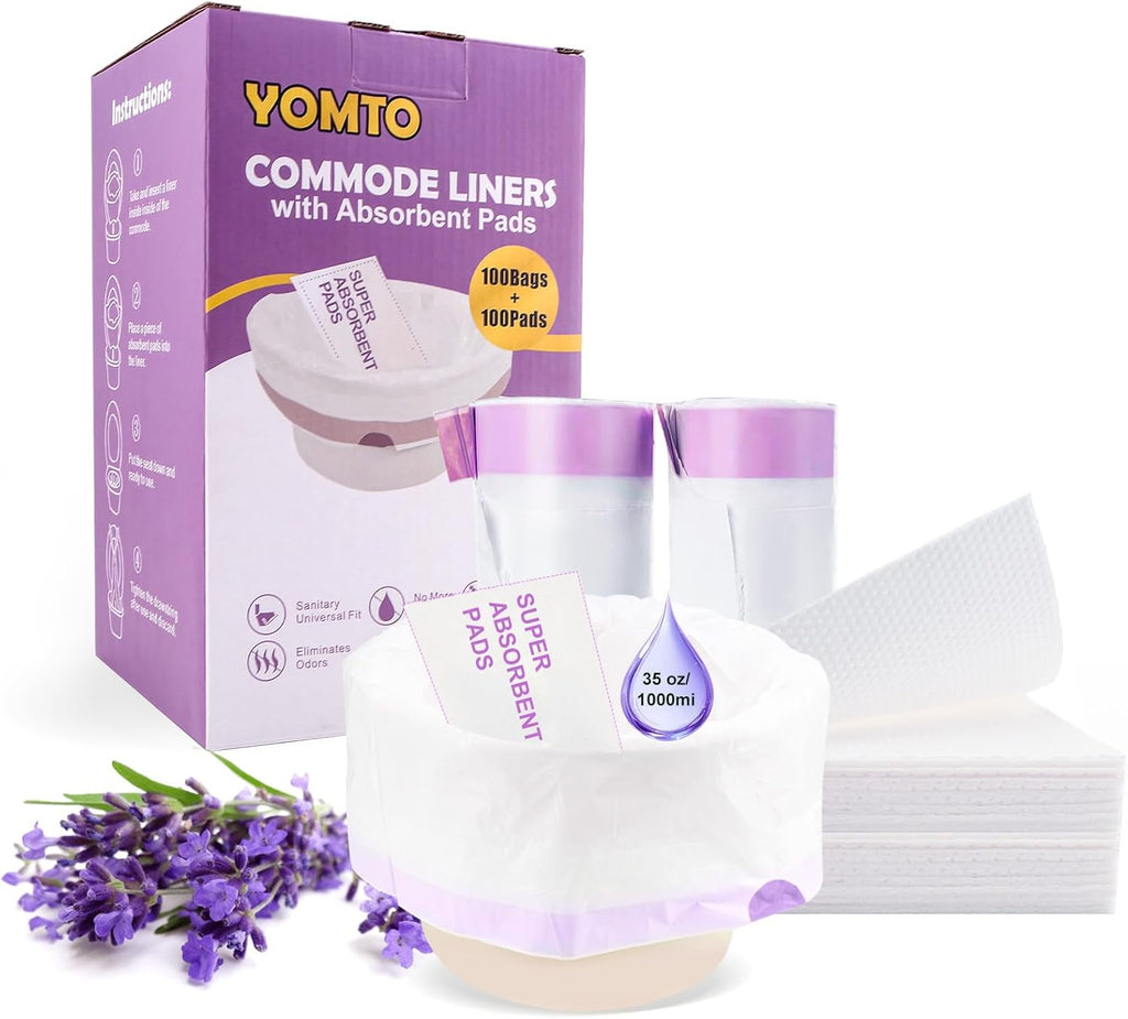 Commode Liners with Absorbent Pads, 100 Count Lavender Scented Bags and 100 Commode Pads, Leak-Proof & Extra Thick, Disposable, Universal Fit for Bedside Commode, Portable Toilet Chair