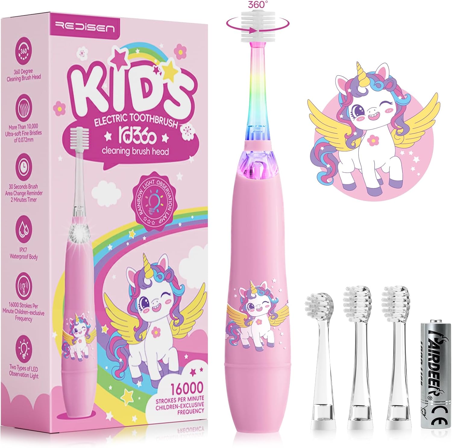 Toddler Electric Toothbrush with 360° Brush Head for All-Around Clean, Baby Sonic Toothbrush with Gentle Vibrations for Ages 1-5, LED Lights & 2-Min Timer Attract Kids Interest (Pink Unicorn)