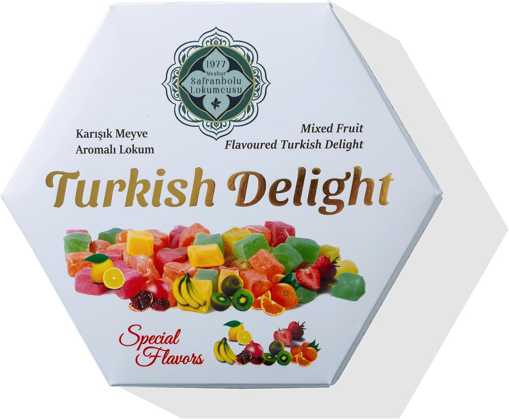 Meşhur Safranbolu Lokumcusu Turkish Delight with Mixed Fruit, Authentic Handmade Turkish Candy Gift Box,Vegan candy and Gluten-Free Gourmet Mediterranean Sweet Treat, Premium Traditional Lokum Dessert (7.1 oz)