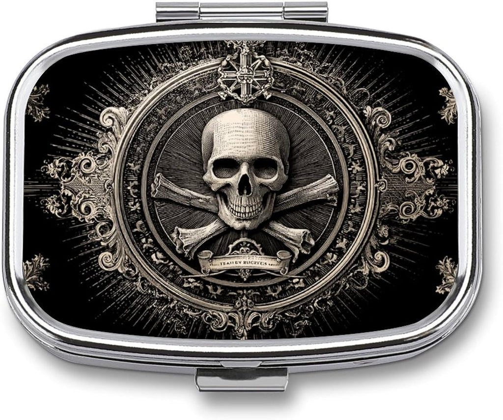 Metal 2 Compartment Pill Organizer Travel Friendly Portable Compact Pill Box Cute Pill Case,for Pocket Wallets Daily Portable Medicine Vitamin Tablet Storage (Skull)