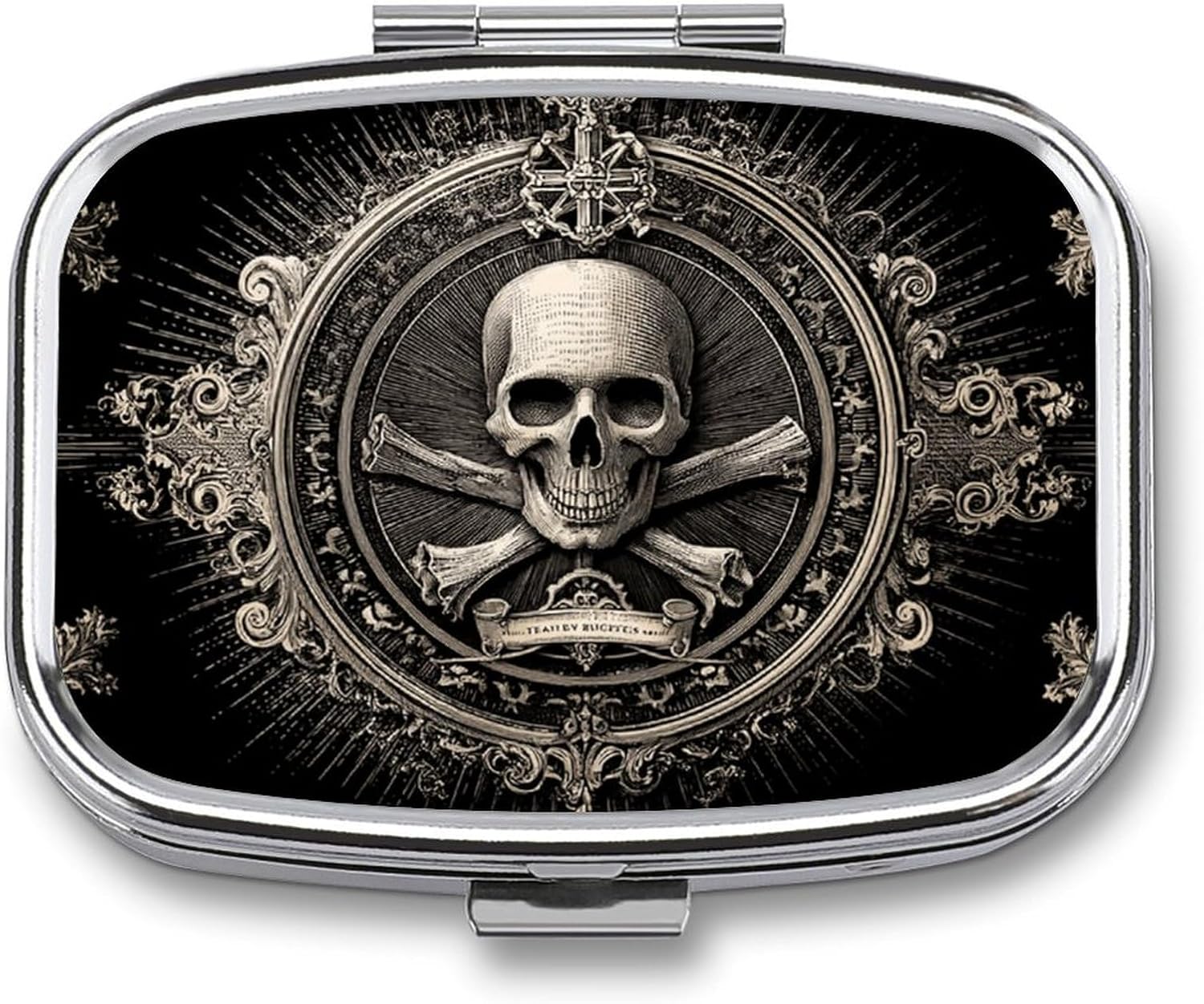 Metal 2 Compartment Pill Organizer Travel Friendly Portable Compact Pill Box Cute Pill Case,for Pocket Wallets Daily Portable Medicine Vitamin Tablet Storage (Skull)