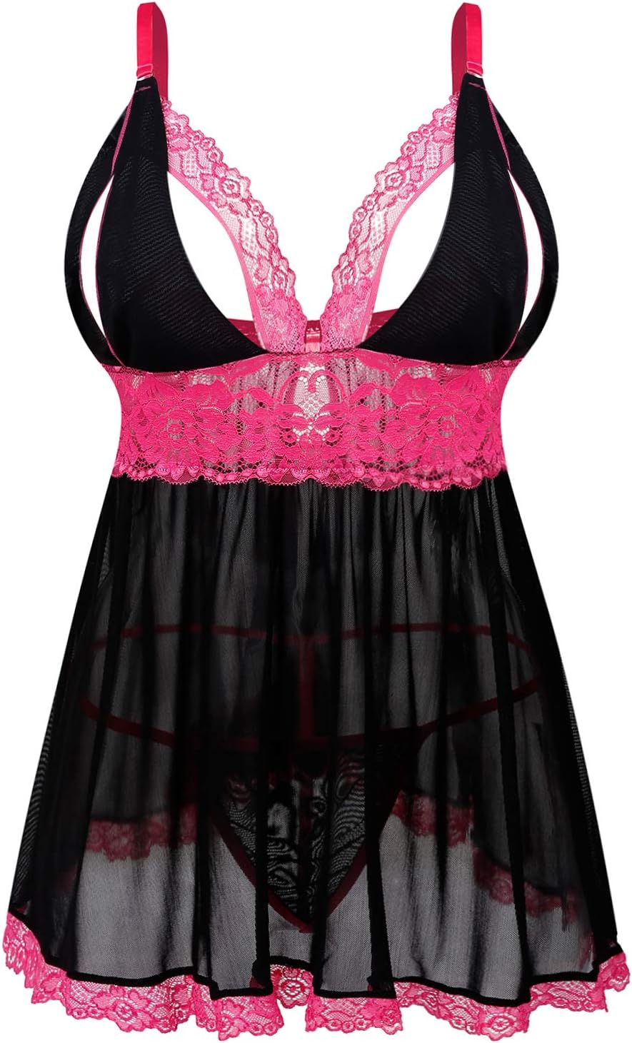 Donnalla Plus Size Babydoll Lingerie Set for Women Sexy Mesh Lace Nightwear Adjustable Straps V Neck Chemise with Panty