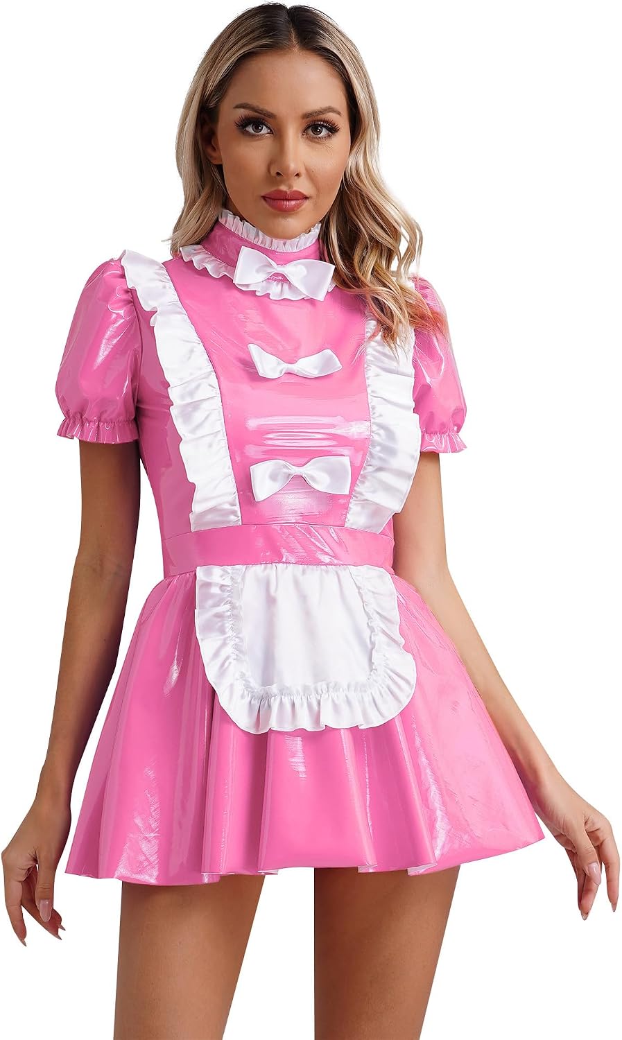 Women's Patent Leather Wetlook Anime Cosplay French Apron Maid Fancy Dress Tutu Costume