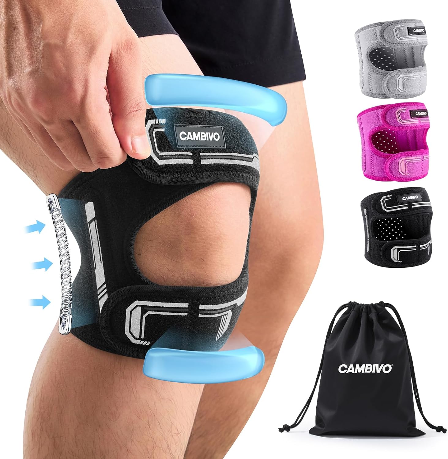 CAMBIVO Patella Tendon Support Knee Brace for Women & Men, Adjustable Knee Strap with Gel Pad & Side Stabilizers, Breathable Lightweight Knee Support for Running, Training & Daily Use (Black, L/XL)